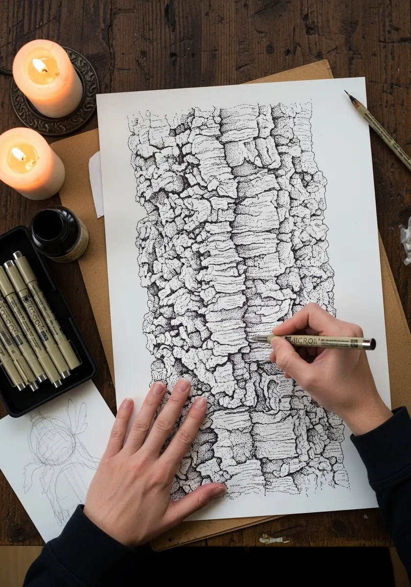 Intricate fine liner drawing of cracked bark by candlelight on white paper