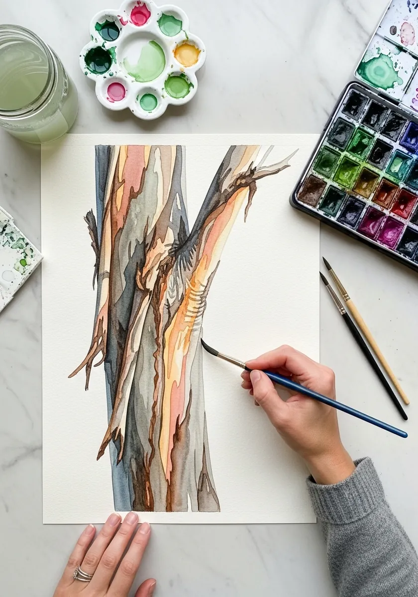 Watercolor eucalyptus trunk with colorful peeling ribbons of bark in pink and gray