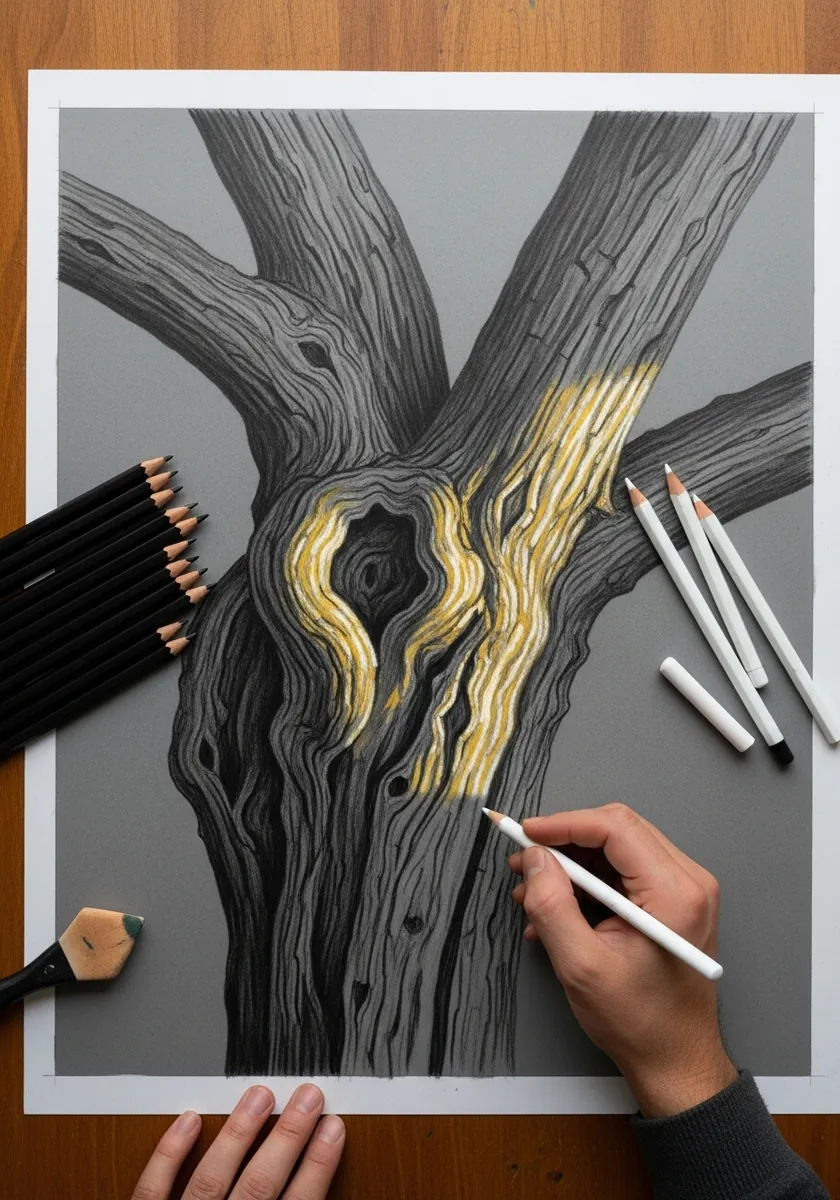 Graphite drawing of a stylized branching trunk on gray paper with yellow highlights
