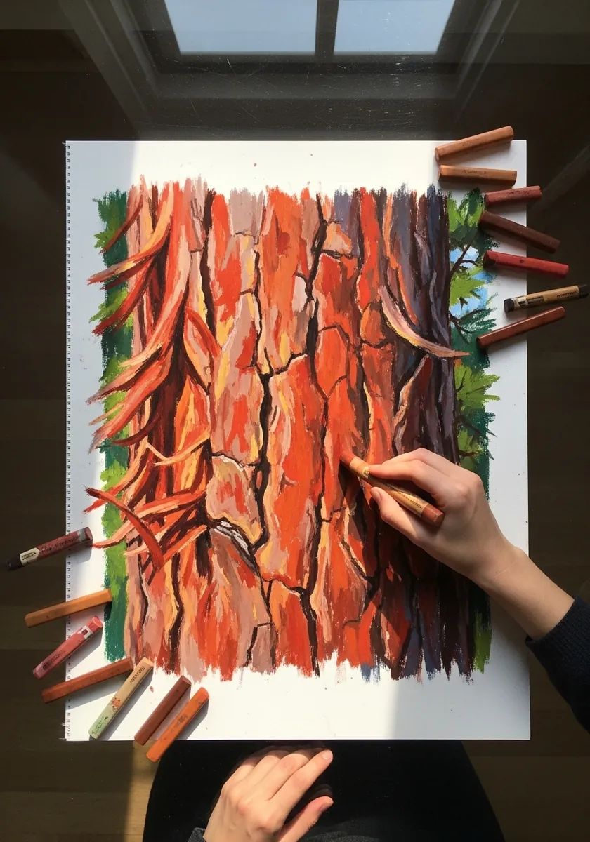 Colored pencil study of red and orange bark strips with green moss at the edges