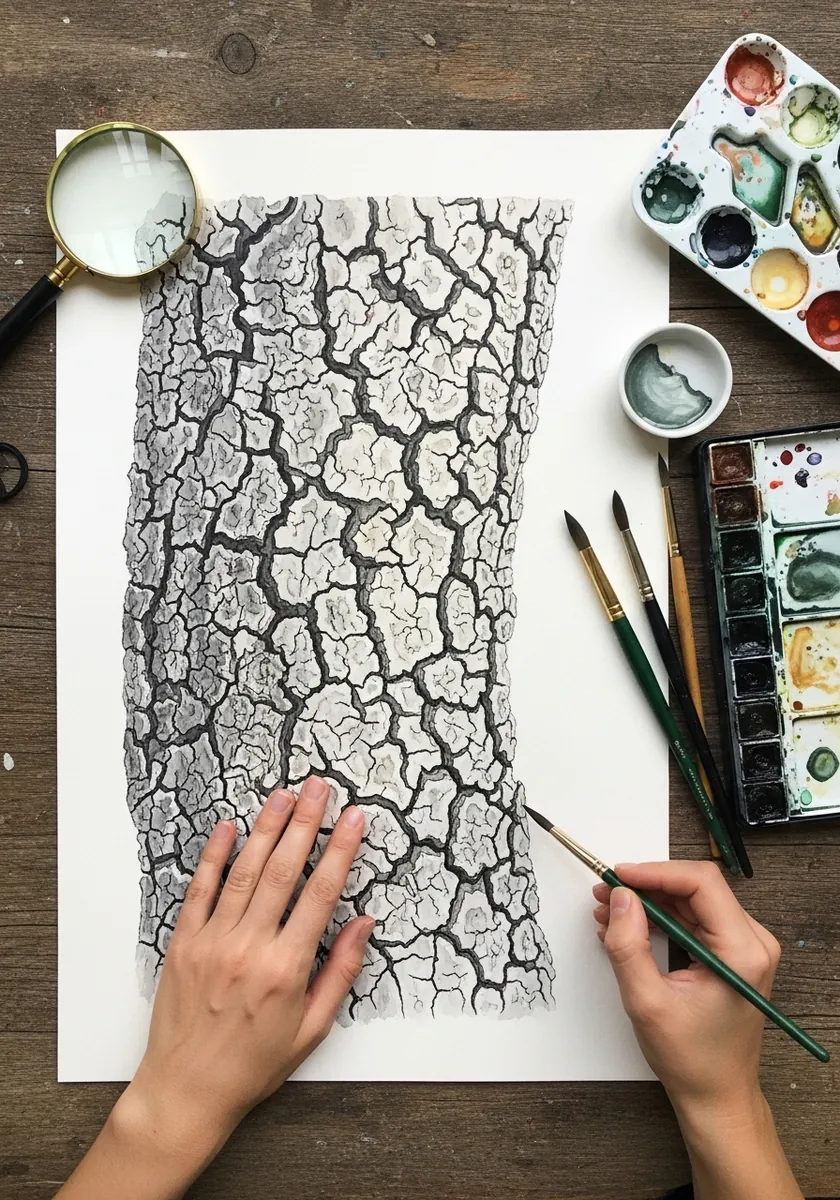 Detailed black ink drawing of bark broken into small crackled plates across the page