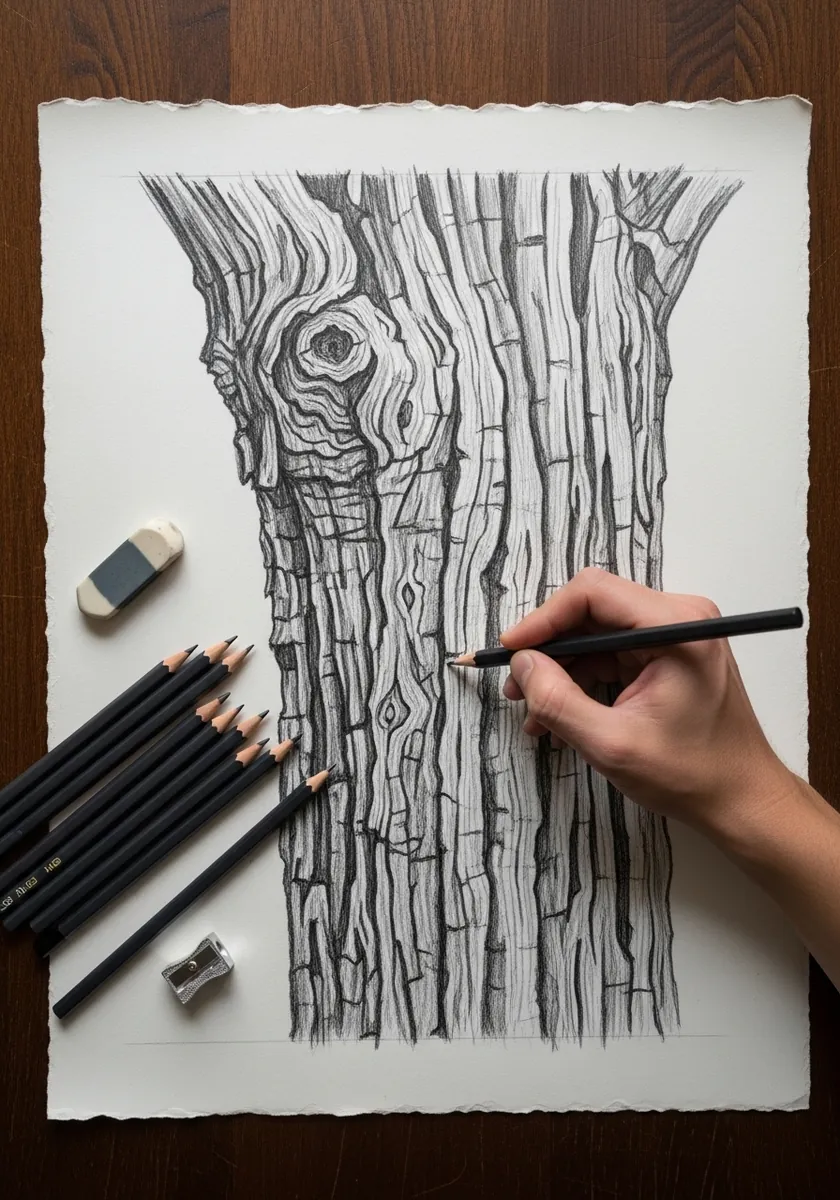 Graphite drawing of bark with swirling grain patterns around several knots