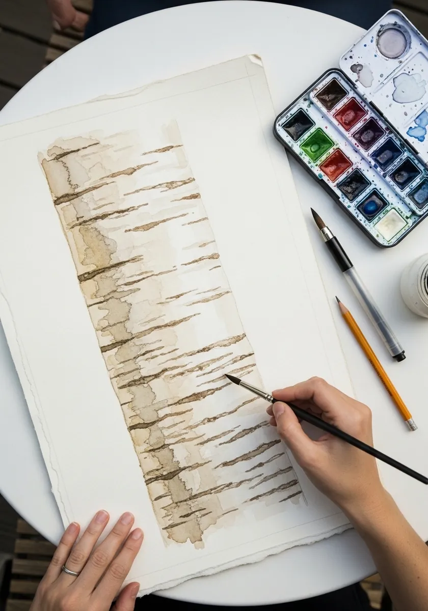 Tall sepia toned watercolor study of birch bark with horizontal markings