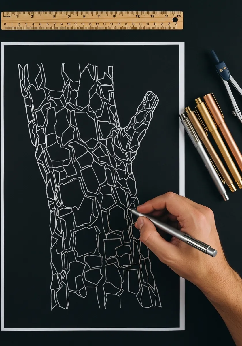 White outline drawing of bark plates on a black board with no shading
