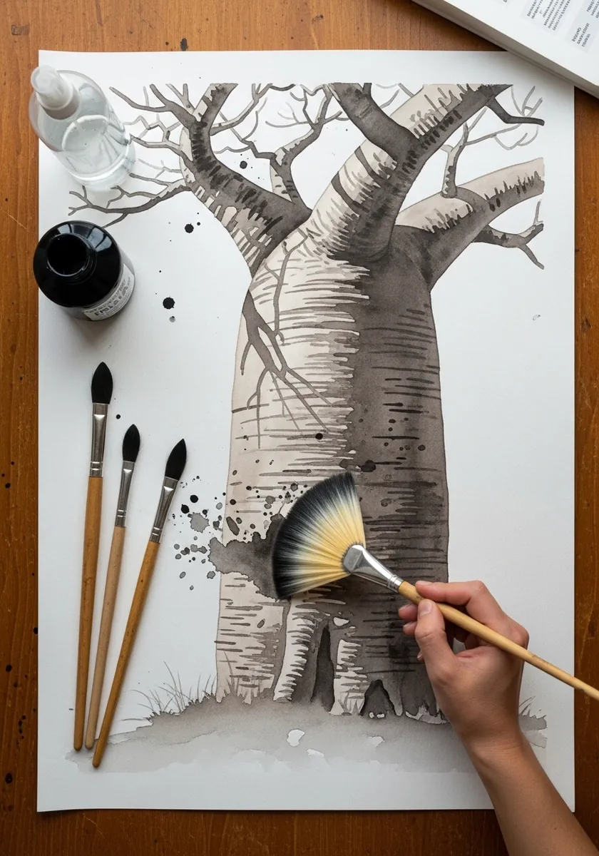 Ink and wash drawing of a wide baobab trunk with fan brush texture