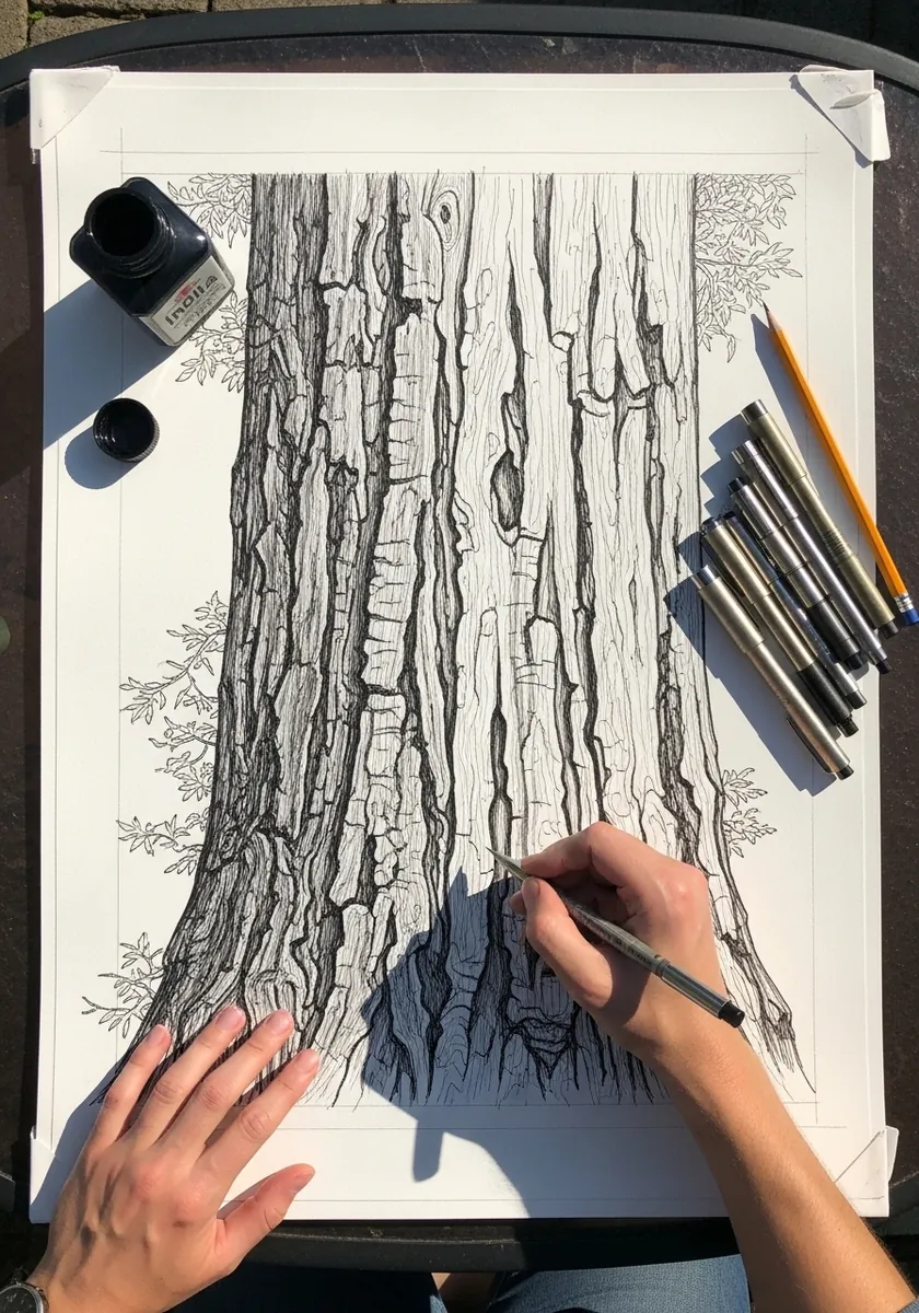 Detailed black ink drawing of a tall tree trunk with deep vertical fissures