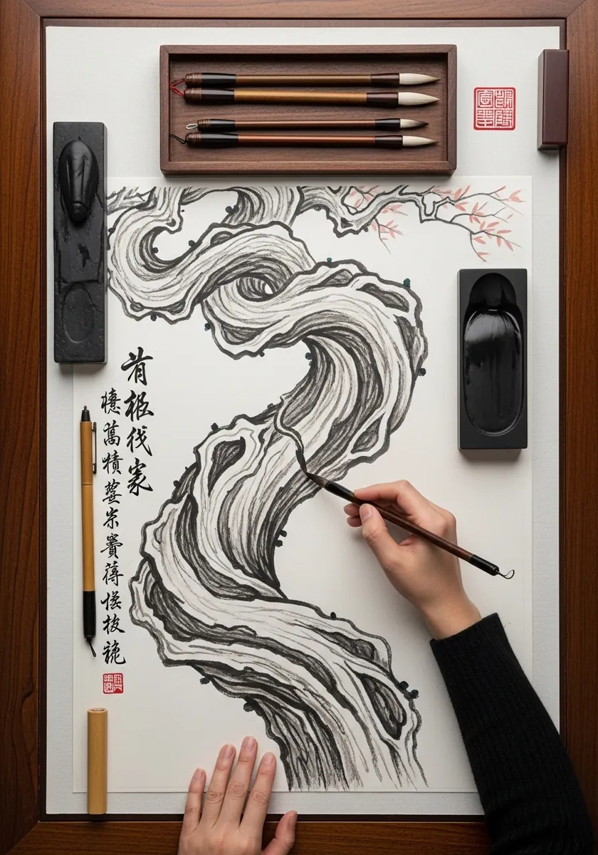 Swirling wood grain painted in ink with calligraphy on a scroll style sheet