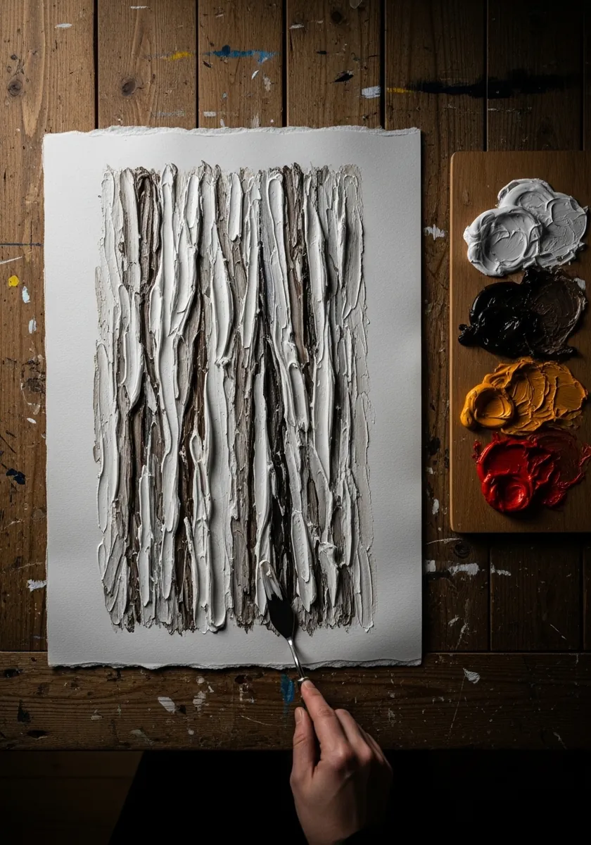 Thick white and gray impasto bark texture applied with a palette knife