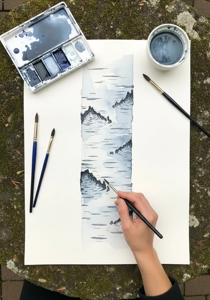 Cool blue and gray watercolor study of a slender birch trunk