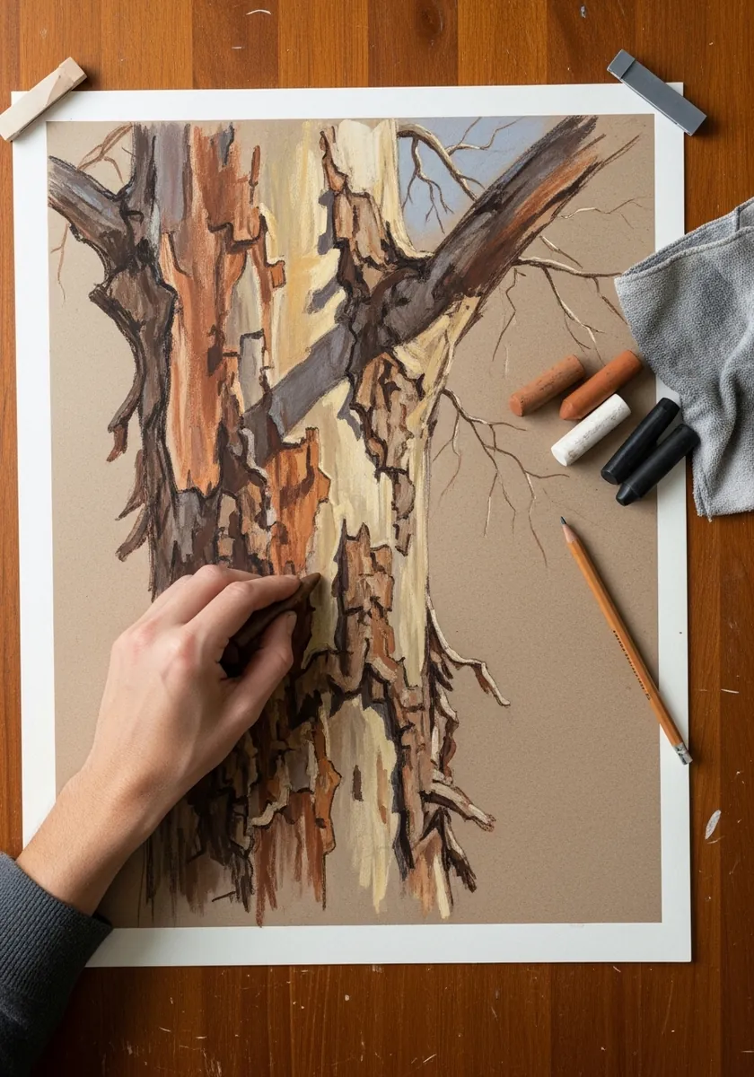 Warm brown and cream bark study with branches drawn on kraft toned paper