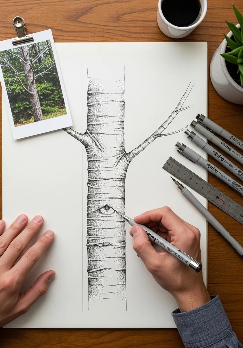 Pencil drawing of a birch trunk copied from a photograph pinned beside the paper