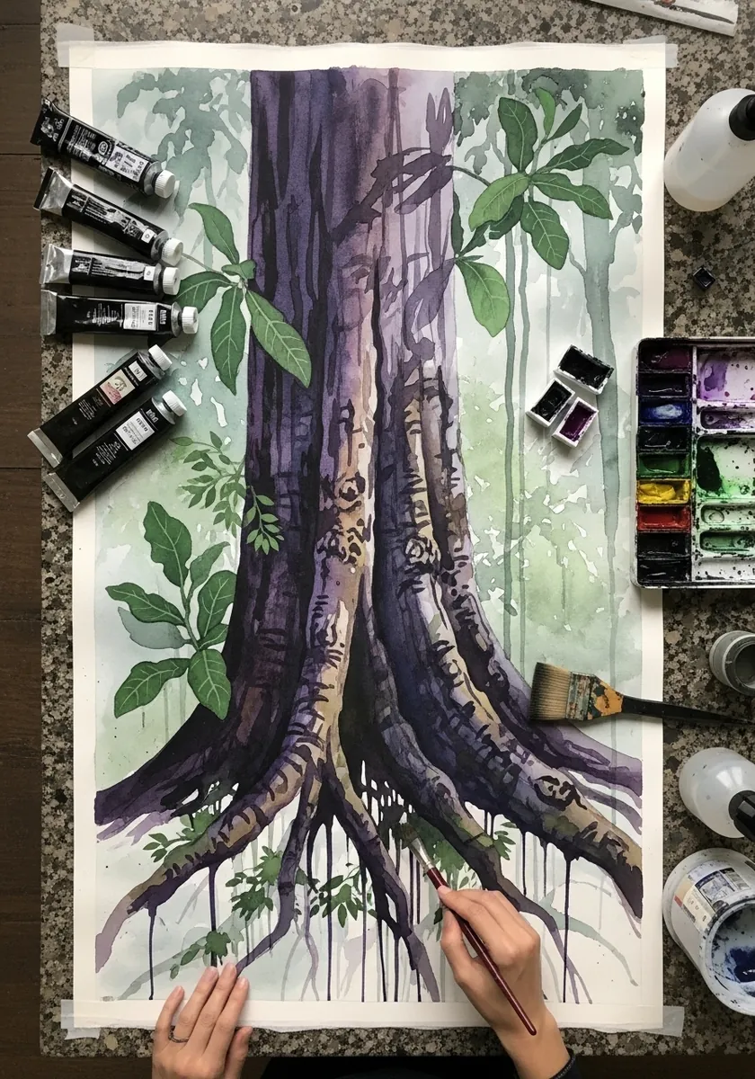 Watercolor painting of a large tree with wide buttress roots and green foliage