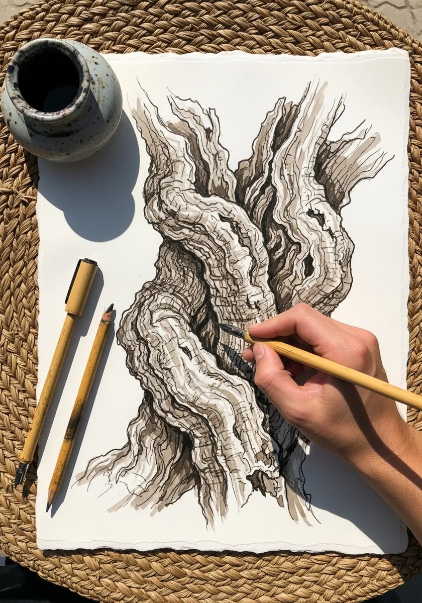 Ink drawing of a twisted weathered trunk with flowing grain on woven matting