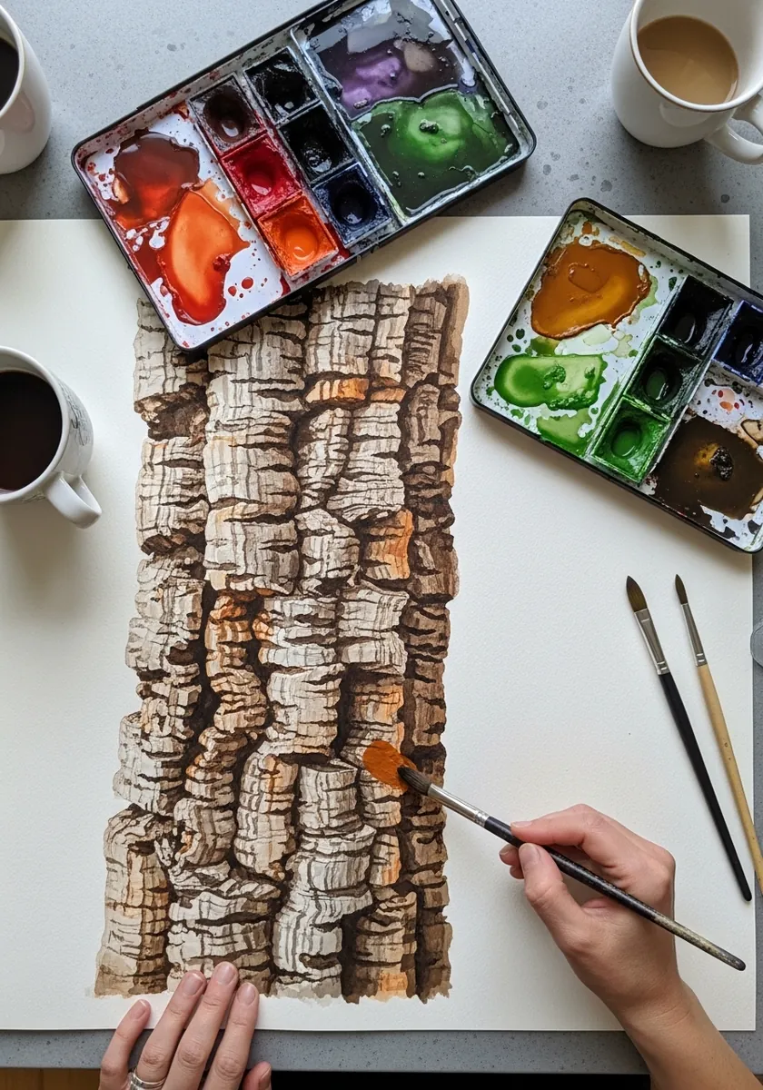 Watercolor study of thick cork bark broken into deep layered plates