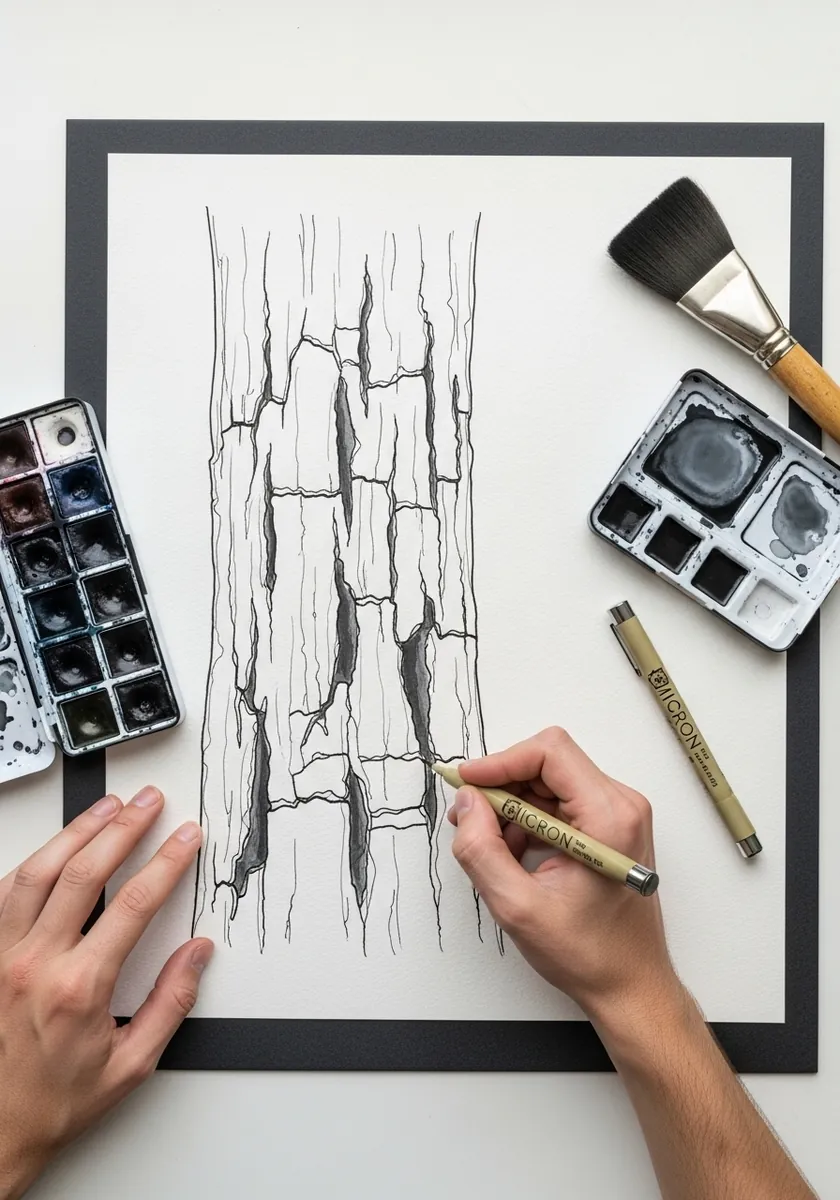 Simple fine ink study of narrow vertical bark cracks inside a black frame