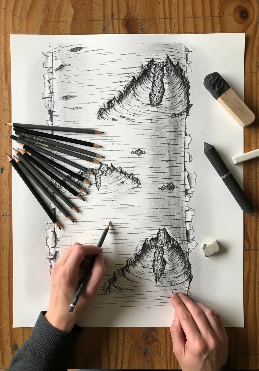 Ink drawing of white birch bark with dark eye shaped markings and peeling edges