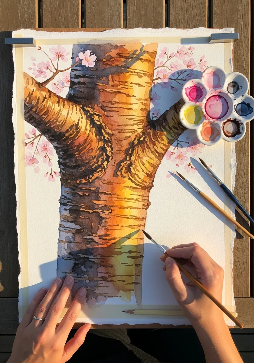 Watercolor cherry tree trunk with golden bark and pink blossom around it