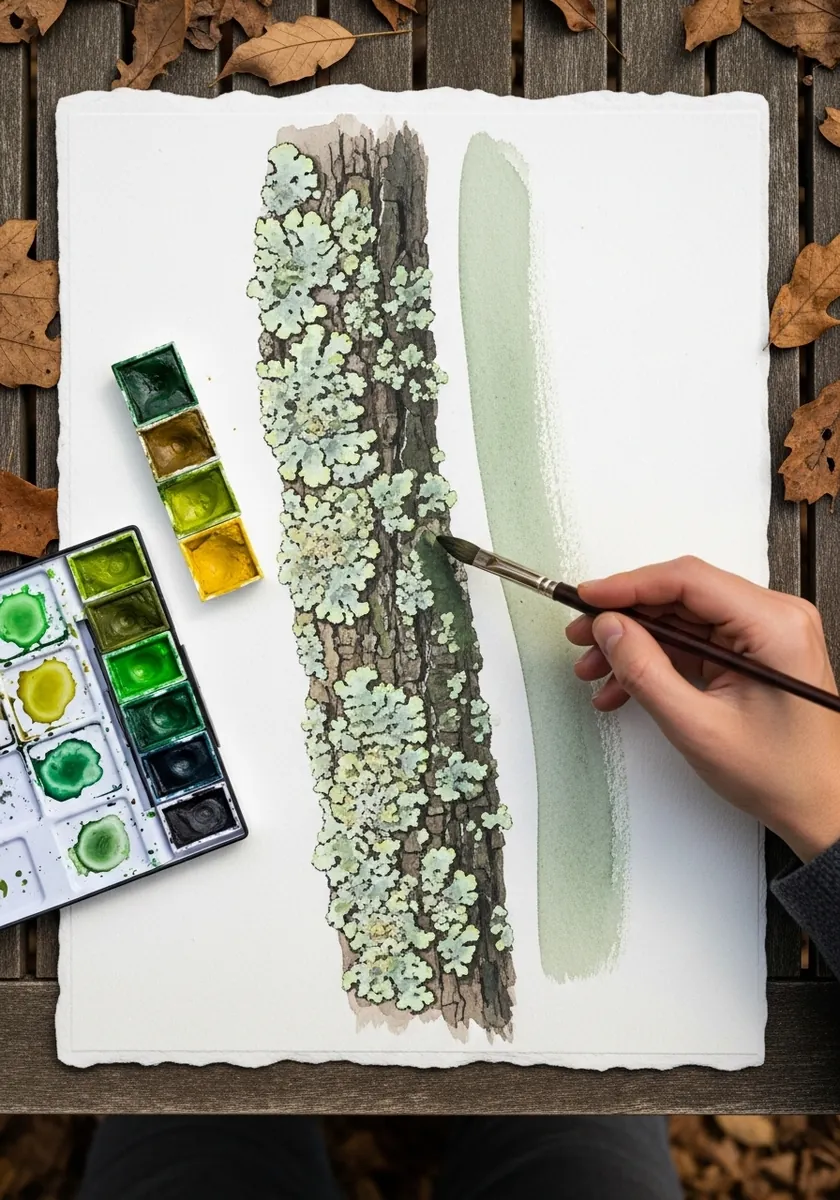 Watercolor branch covered in pale green lichen with a soft wash background