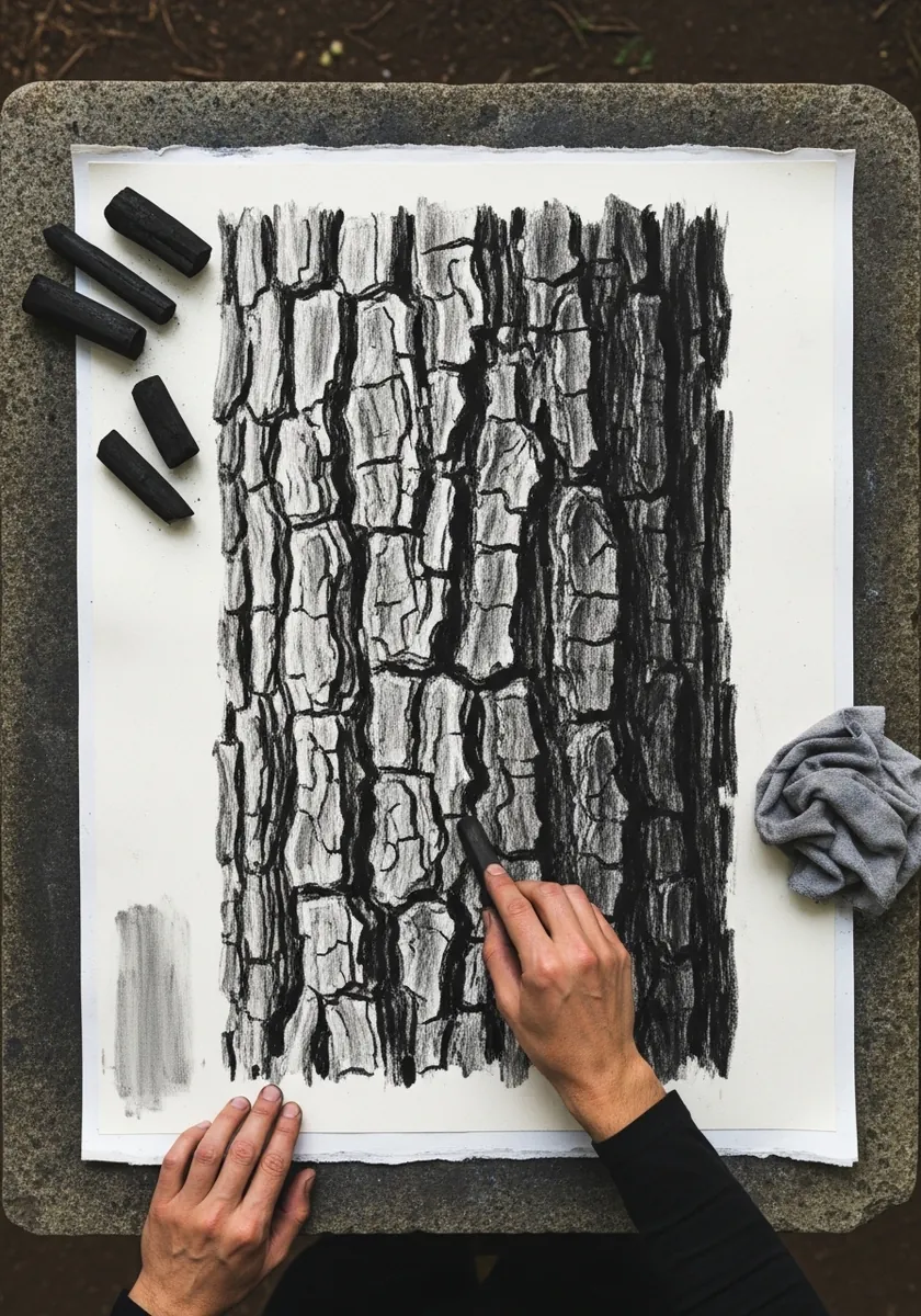 Charcoal drawing of very rough dark bark with heavy shadows on white paper