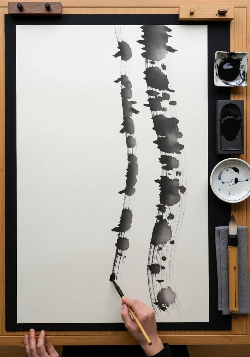 Two simple vertical brush strokes suggesting tree trunks on a large white sheet