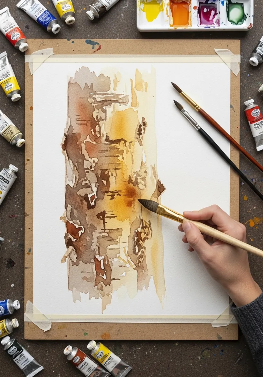 Loose watercolor study of bark in warm ochre and brown tones with soft edges