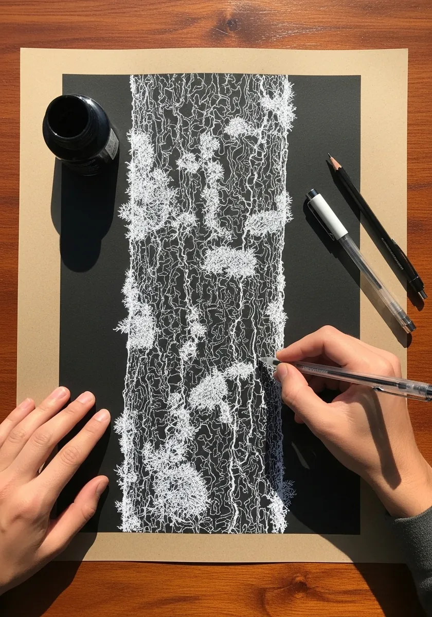 White ink drawing of lichen patterned bark on black paper with a pale outline
