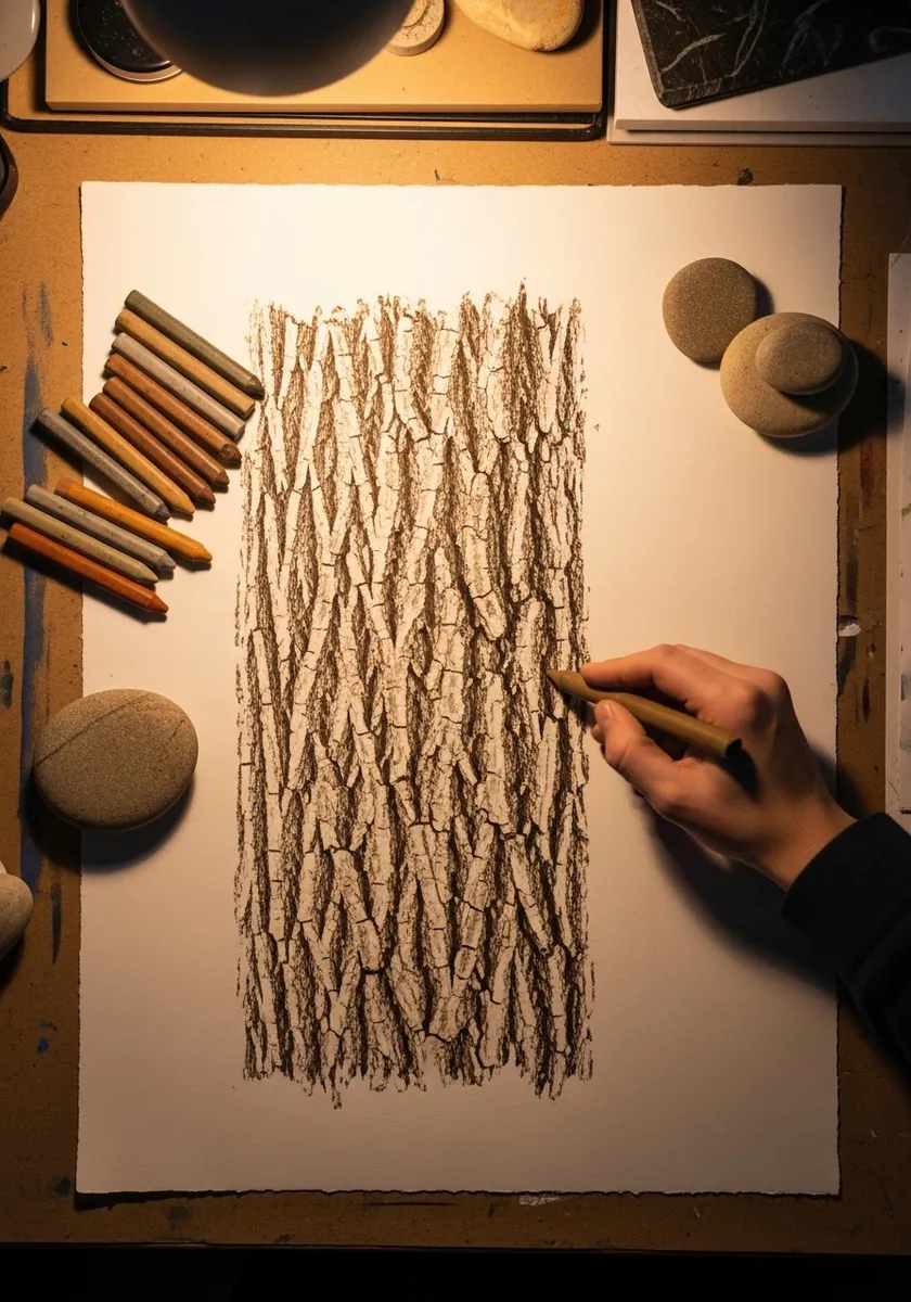 Pale tan bark texture built from many fine vertical strokes on cream paper