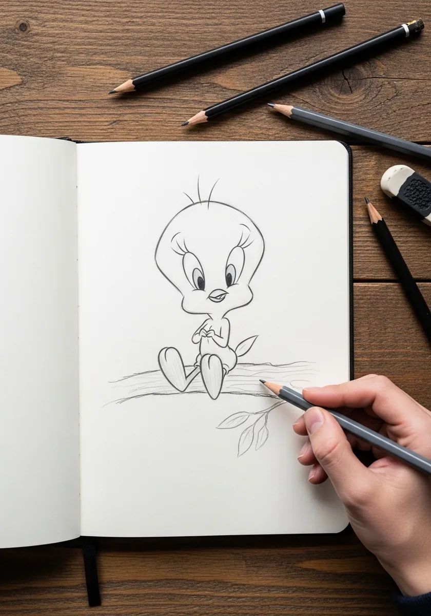 Light pencil sketch of Tweety sitting on a branch in an open sketchbook