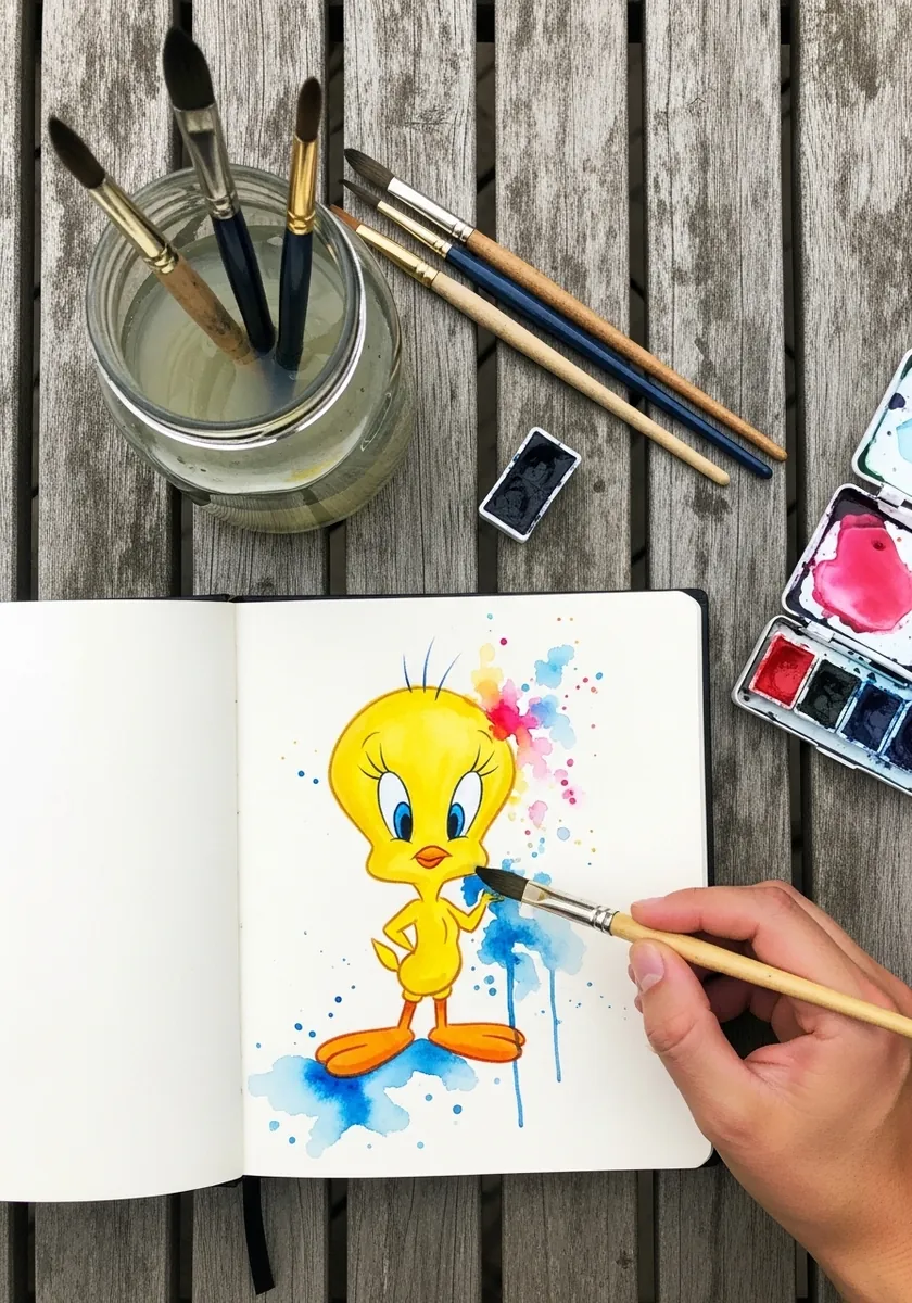 Tweety painted with loose blue and pink watercolor splashes bursting around him