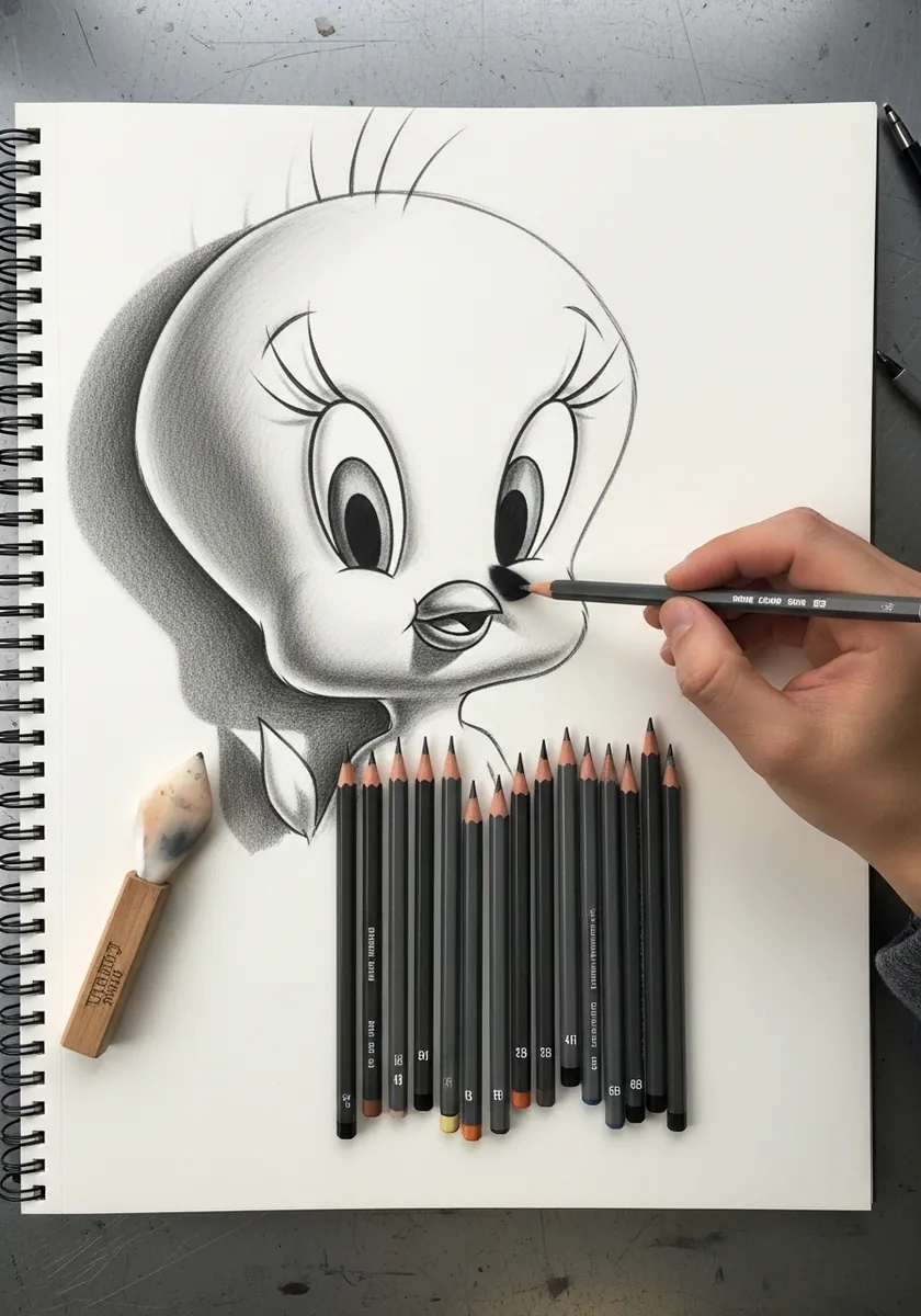 Big detailed graphite drawing of Tweety's head with careful shading