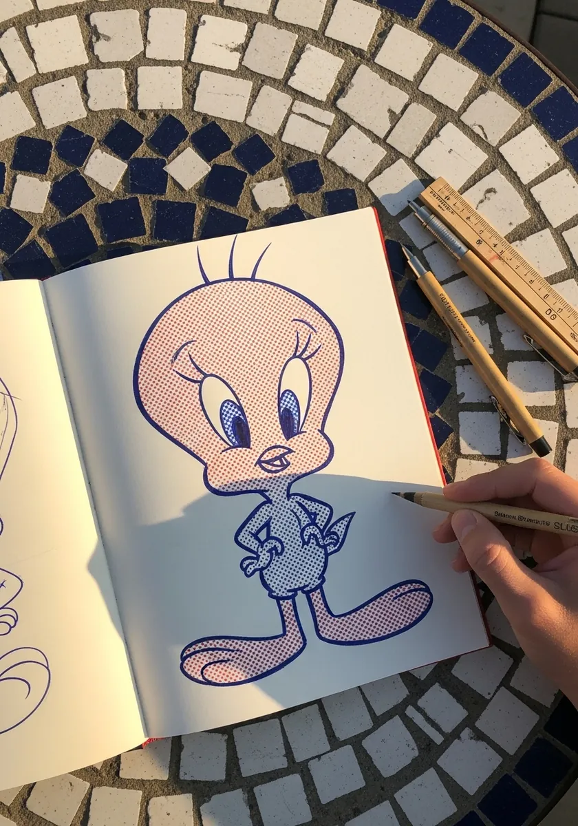 Tweety drawn in pop art style with printed halftone dots over a blue background
