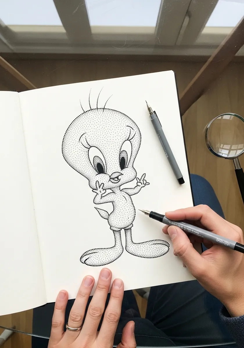 Detailed black ink stipple drawing of Tweety built entirely from small dots