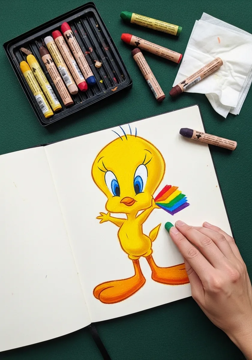 Oil pastel Tweety holding a bright rainbow in a green sketchbook