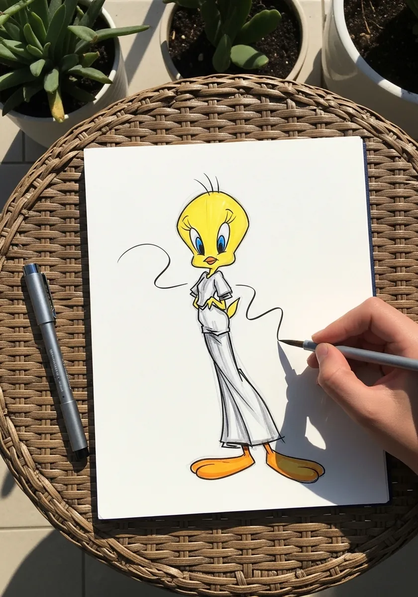 Pencil drawing of Tweety wearing a long flowing white dress with a fine outline