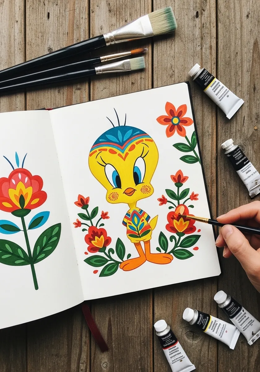 Tweety drawn in folk art style surrounded by bold stylized red and blue flowers