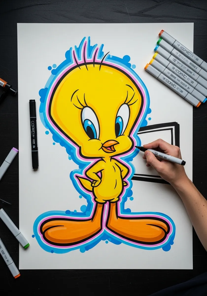 Tweety drawn in marker with a thick blue outline glowing around the yellow body