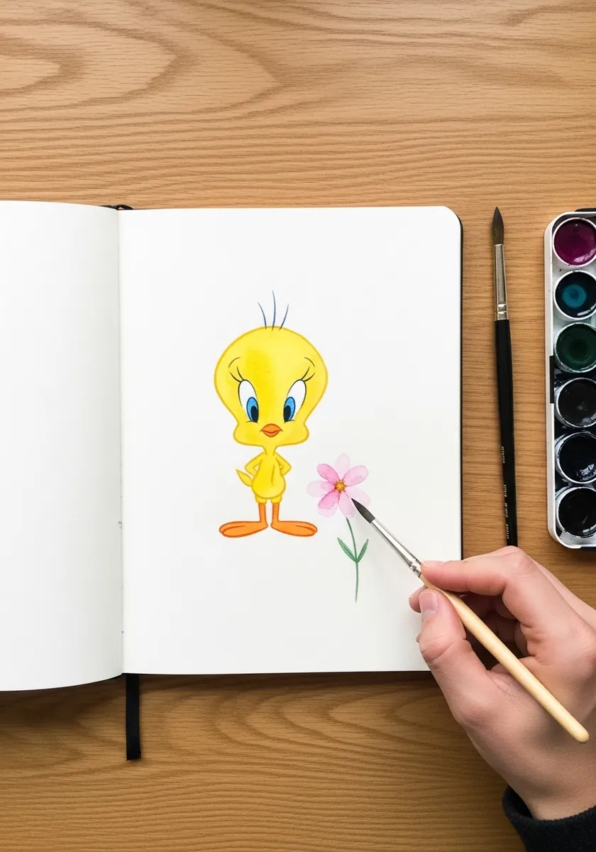 Simple watercolor Tweety holding a small pink flower on white paper