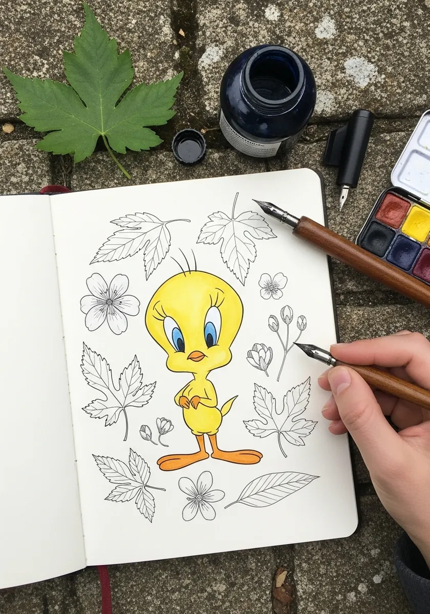 Tweety in color surrounded by finely drawn ink leaves and flowers on white paper