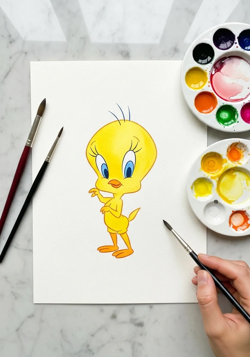 Fully colored watercolor Tweety with bright yellow body and orange feet