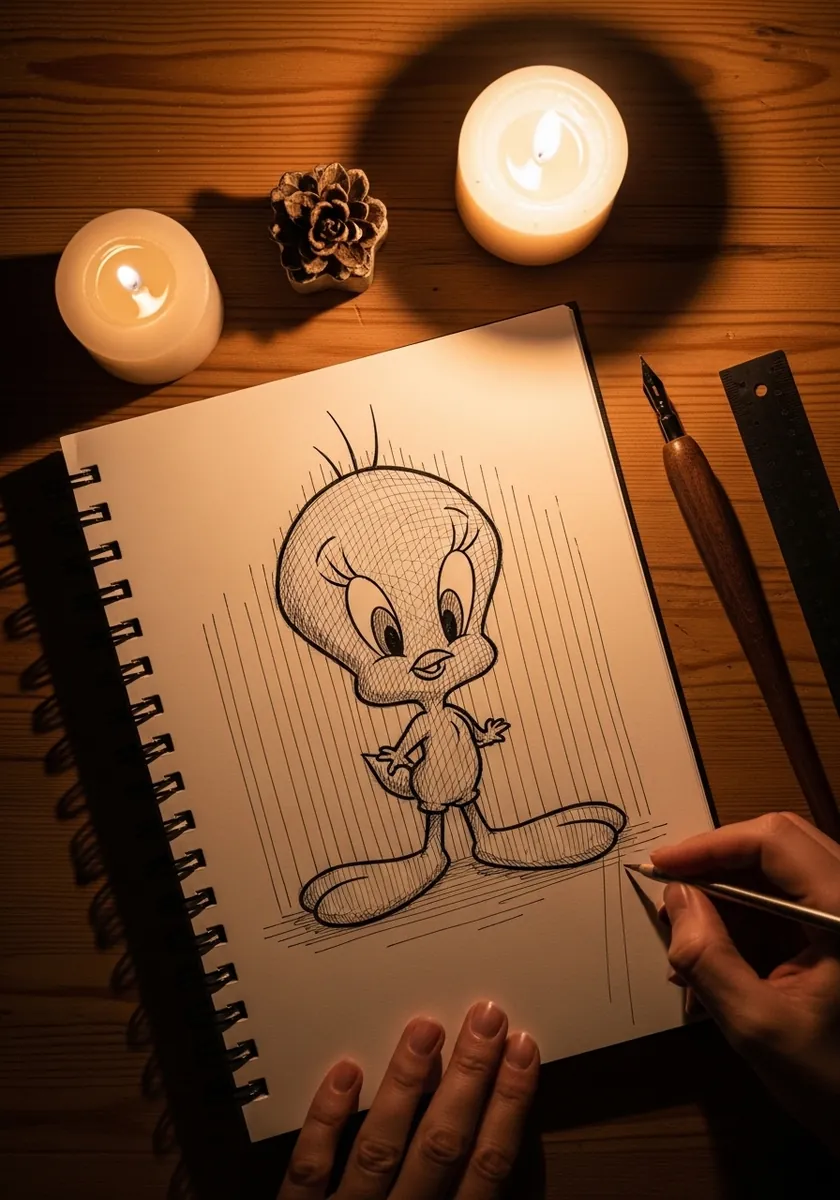 Pencil Tweety with directional hatching drawn by candlelight in a sketchbook