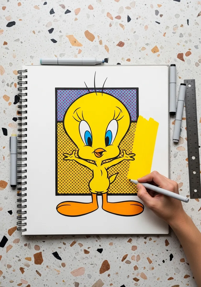 Tweety in flat bright colors on a purple halftone background with a yellow shape