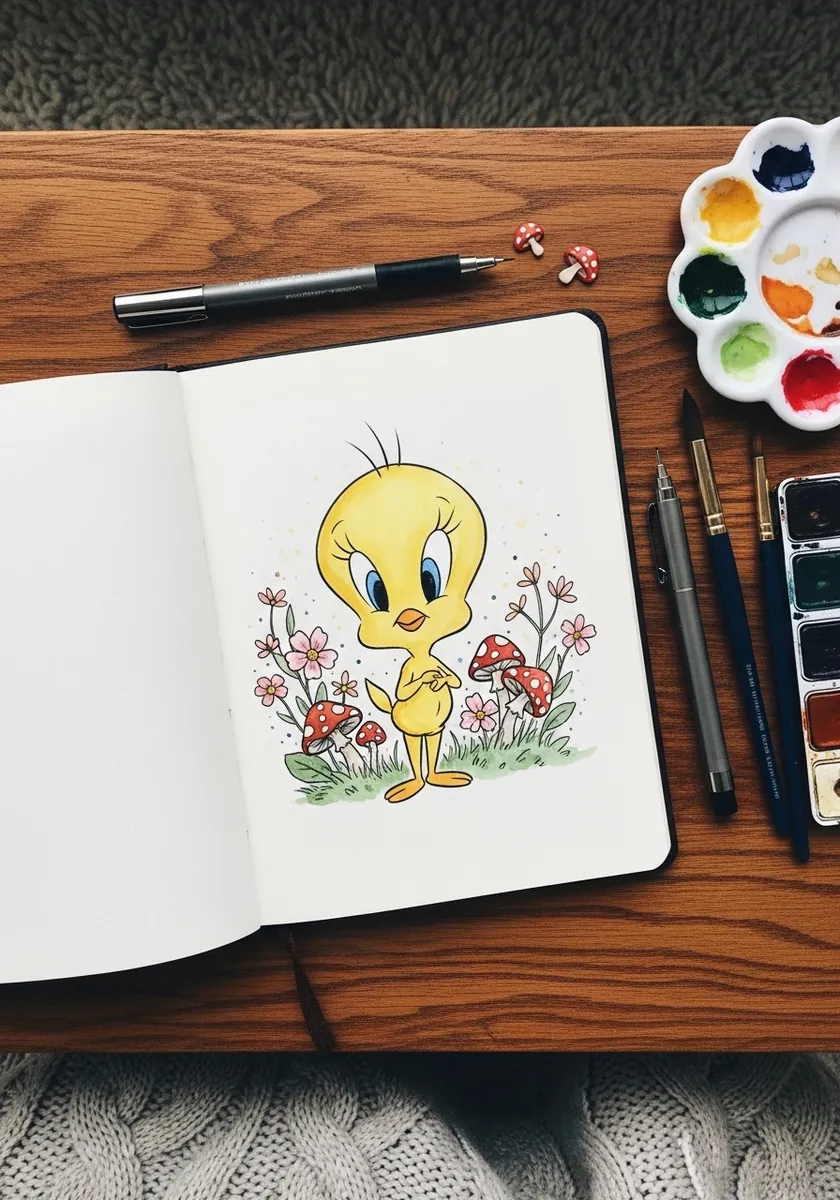 Watercolor Tweety in a sketchbook surrounded by small mushrooms and wildflowers