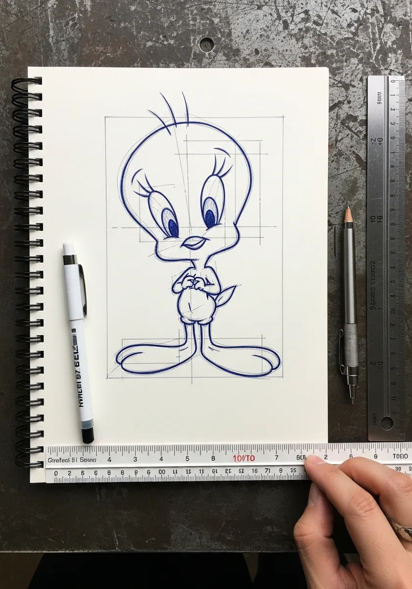 Blue technical drawing of Tweety with measurement lines and construction geometry