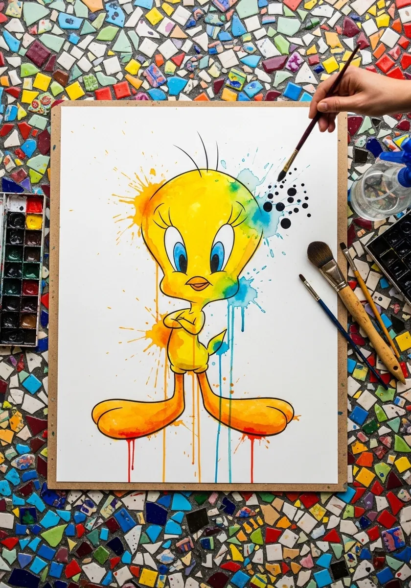 Colorful watercolor Tweety with paint splashes and drips running down the page