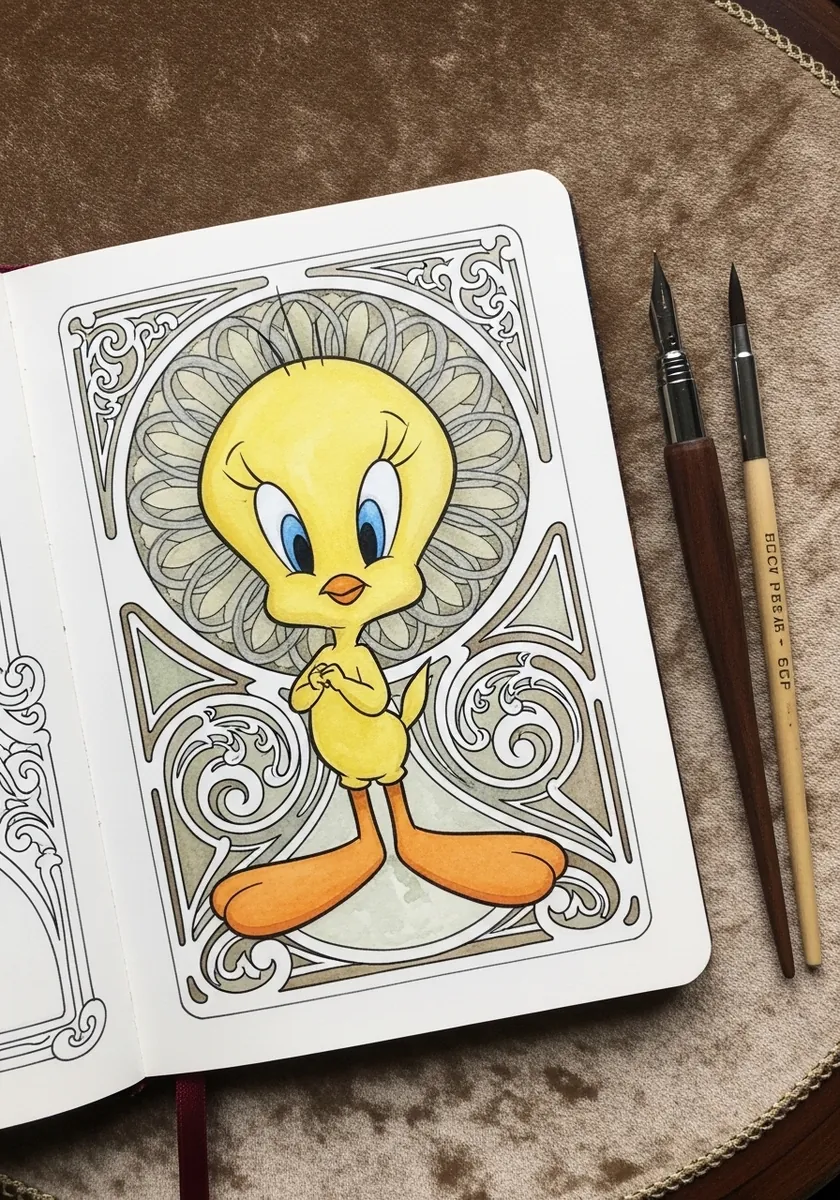 Tweety inside an ornate art nouveau frame with flowing decorative line work