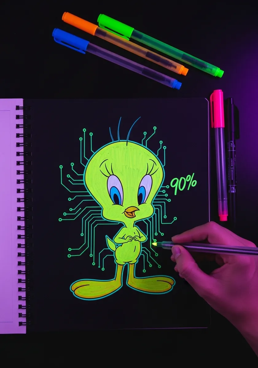 Glowing neon green Tweety with circuit board patterns on black paper
