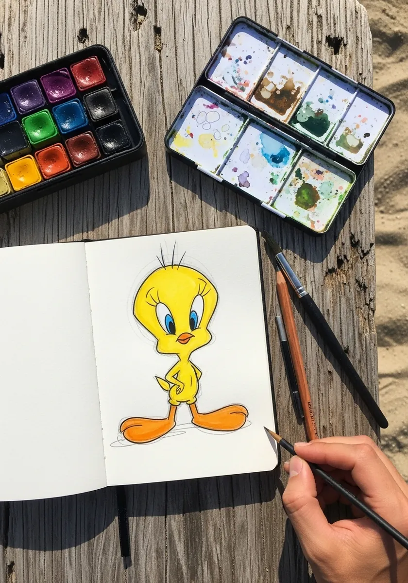 Tweety painted in muted soft watercolor tones rather than bright saturated color