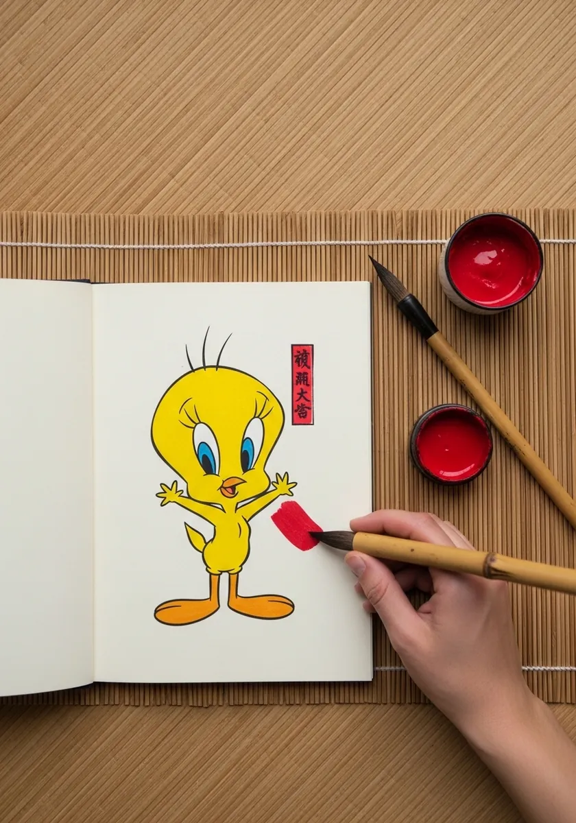 Tweety painted with a brush in soft color and finished with a small red stamp