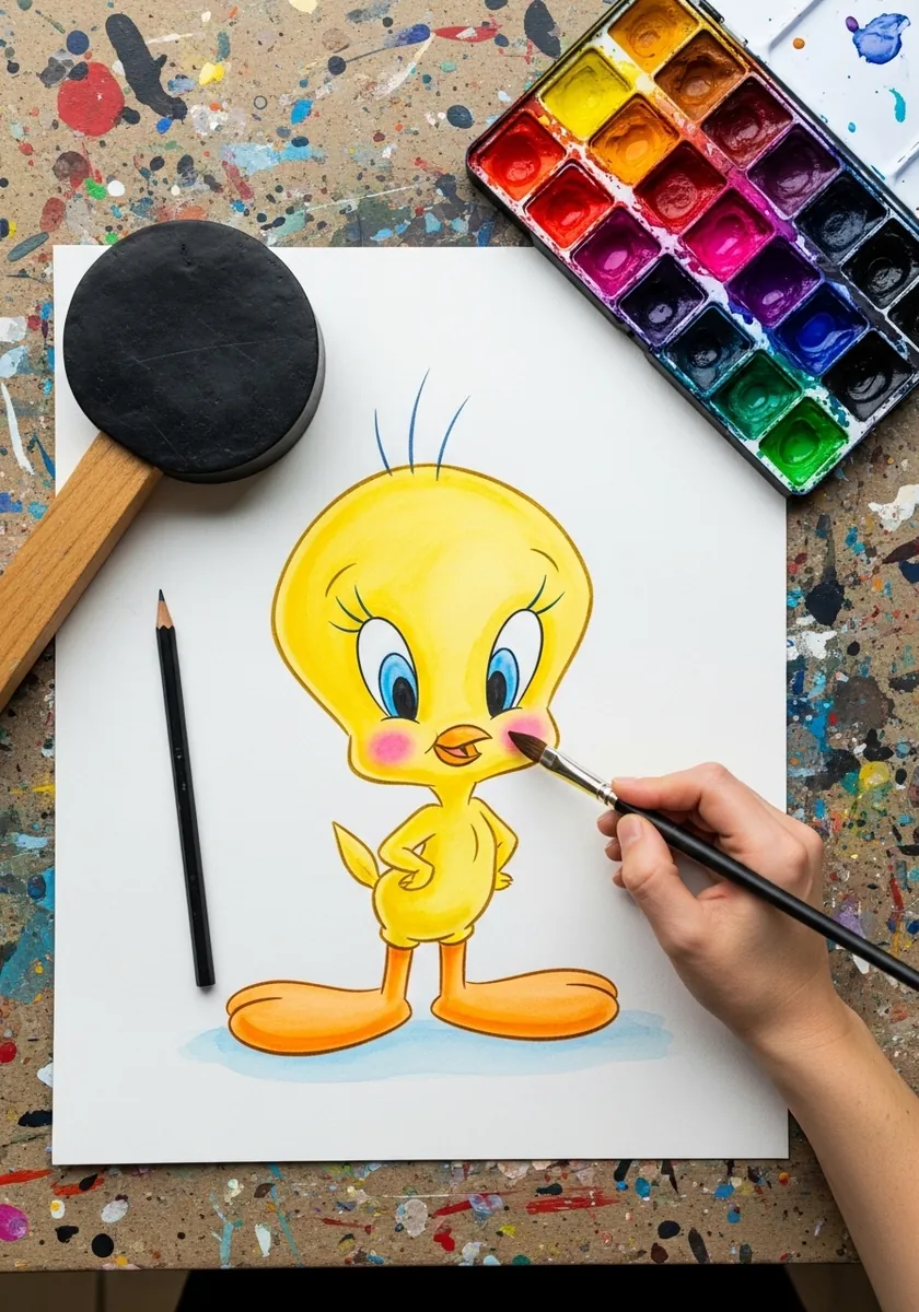 Detailed watercolor Tweety with soft pink blush on the cheeks and glossy eyes