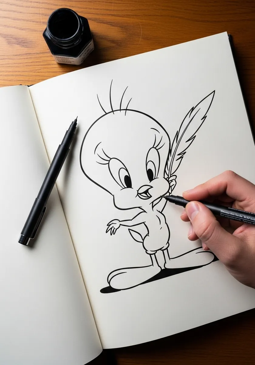 Clean black ink outline drawing of Tweety with an old fashioned quill pen nearby